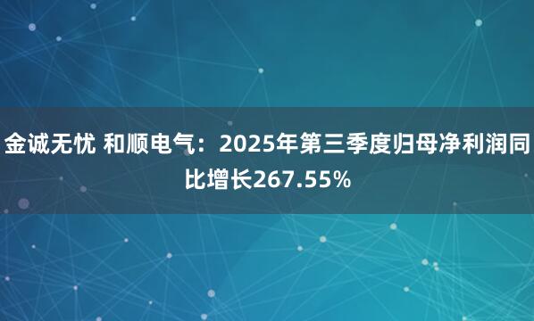 金诚无忧 和顺电气：2025年第三季度归母净利润同比增长267.55%